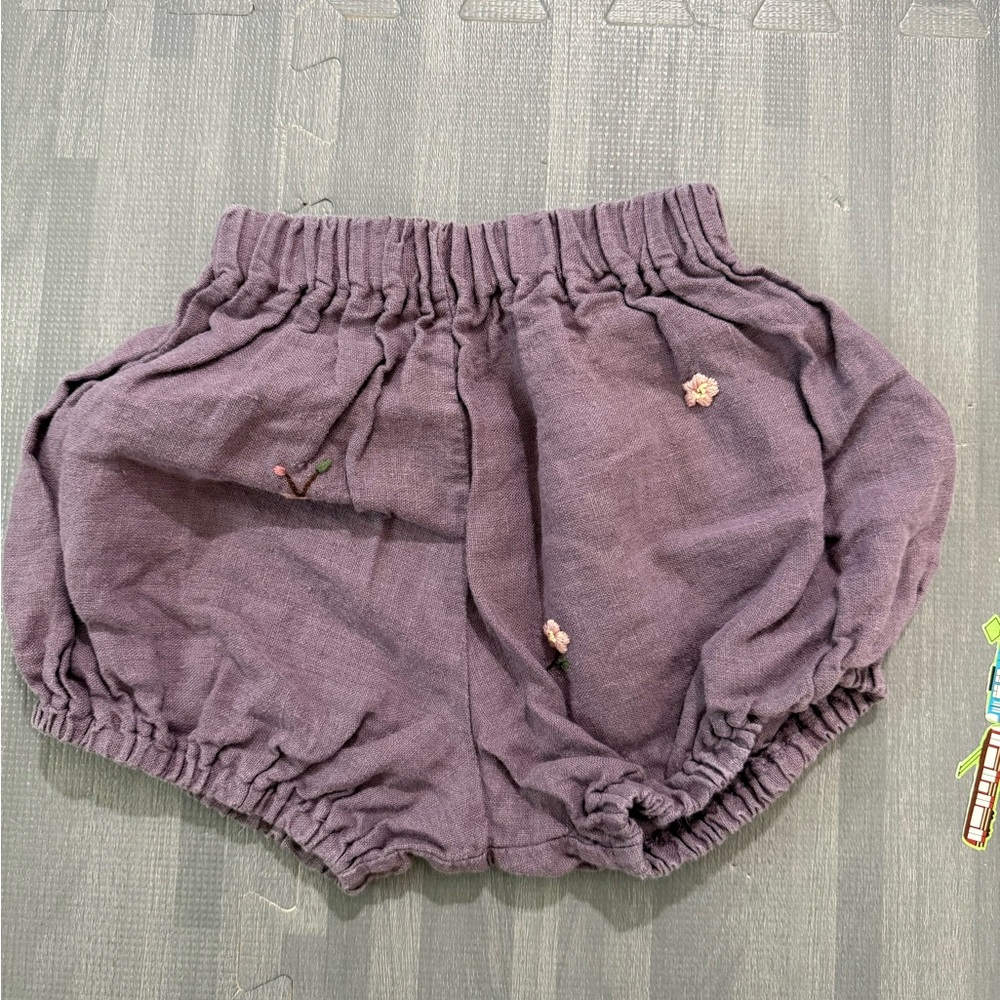 All the beautiful linen kids purple embroidered shorts